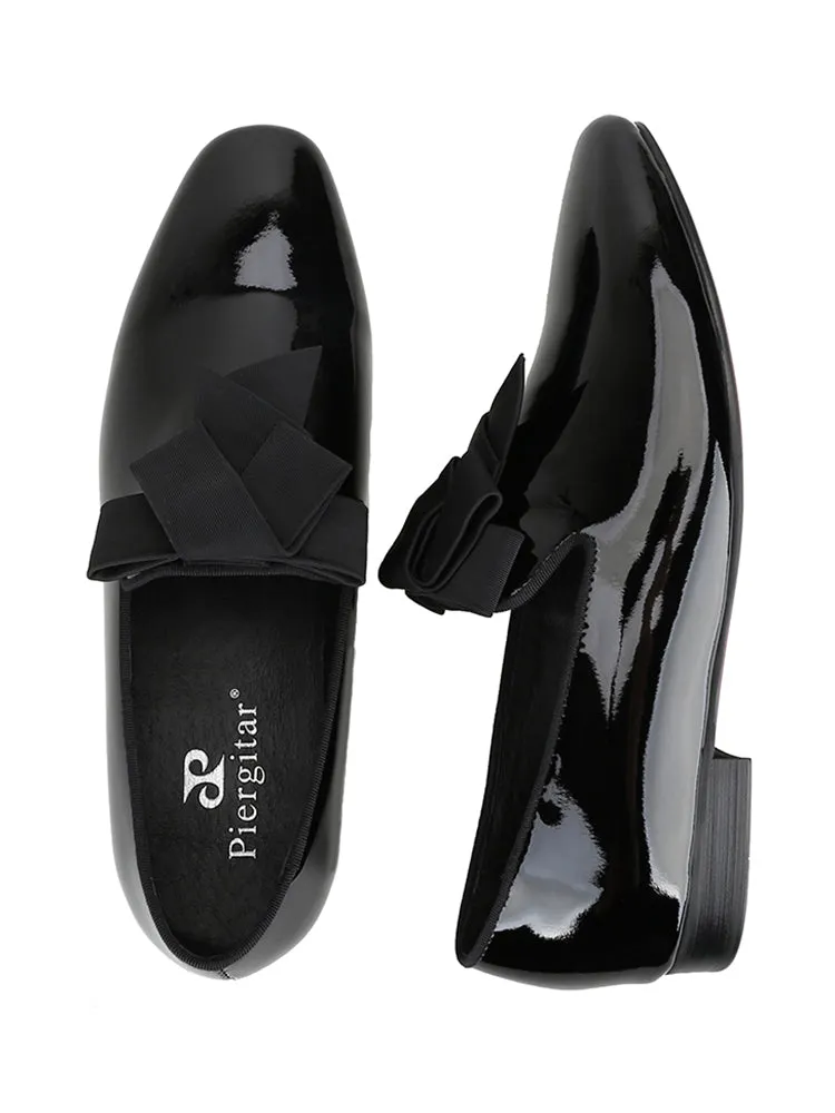 Export European and American black patent leather banquet formal shoes for men, handmade bow tie decoration, trendy slip-on loafers