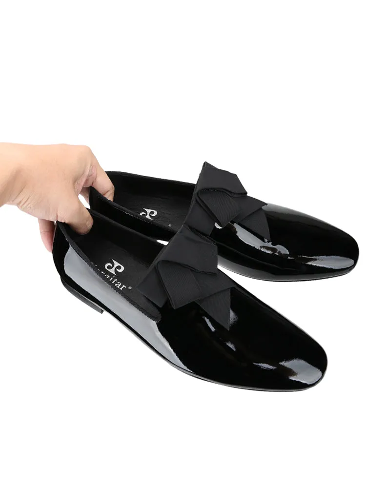 Export European and American black patent leather banquet formal shoes for men, handmade bow tie decoration, trendy slip-on loafers
