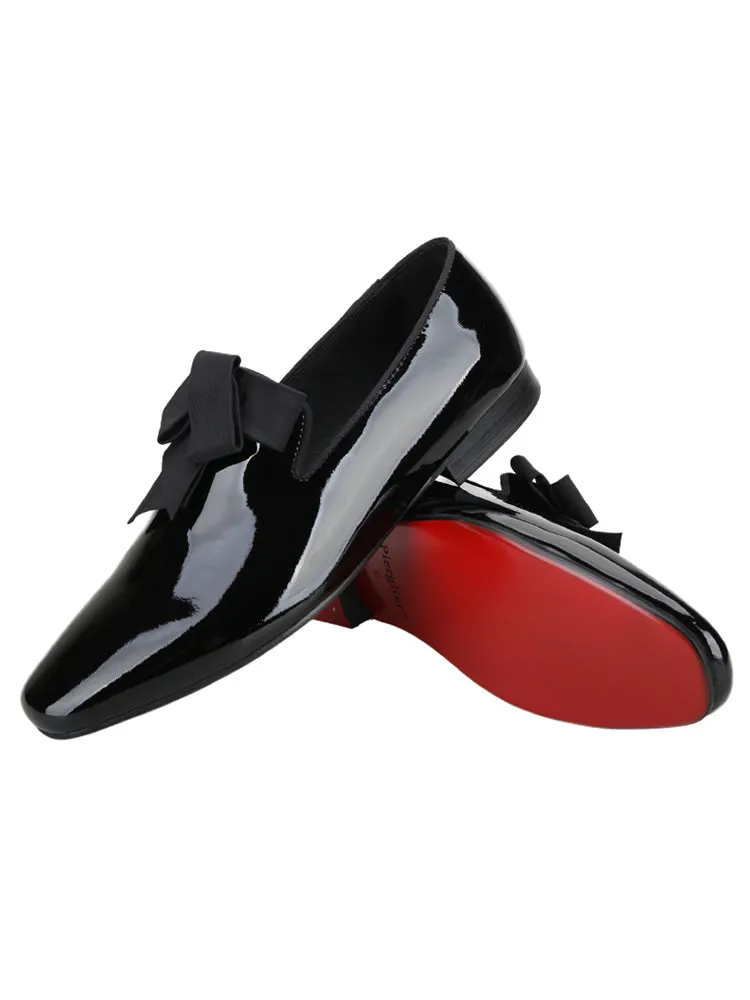Export European and American black patent leather banquet formal shoes for men, handmade bow tie decoration, trendy slip-on loafers