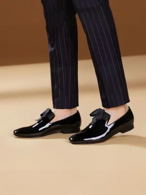 Export European and American black patent leather banquet formal shoes for men, handmade bow tie decoration, trendy slip-on loafers