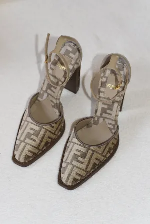 Fendi Chenille Jacquard FF Cut Baguette Ankle Strap Pumps