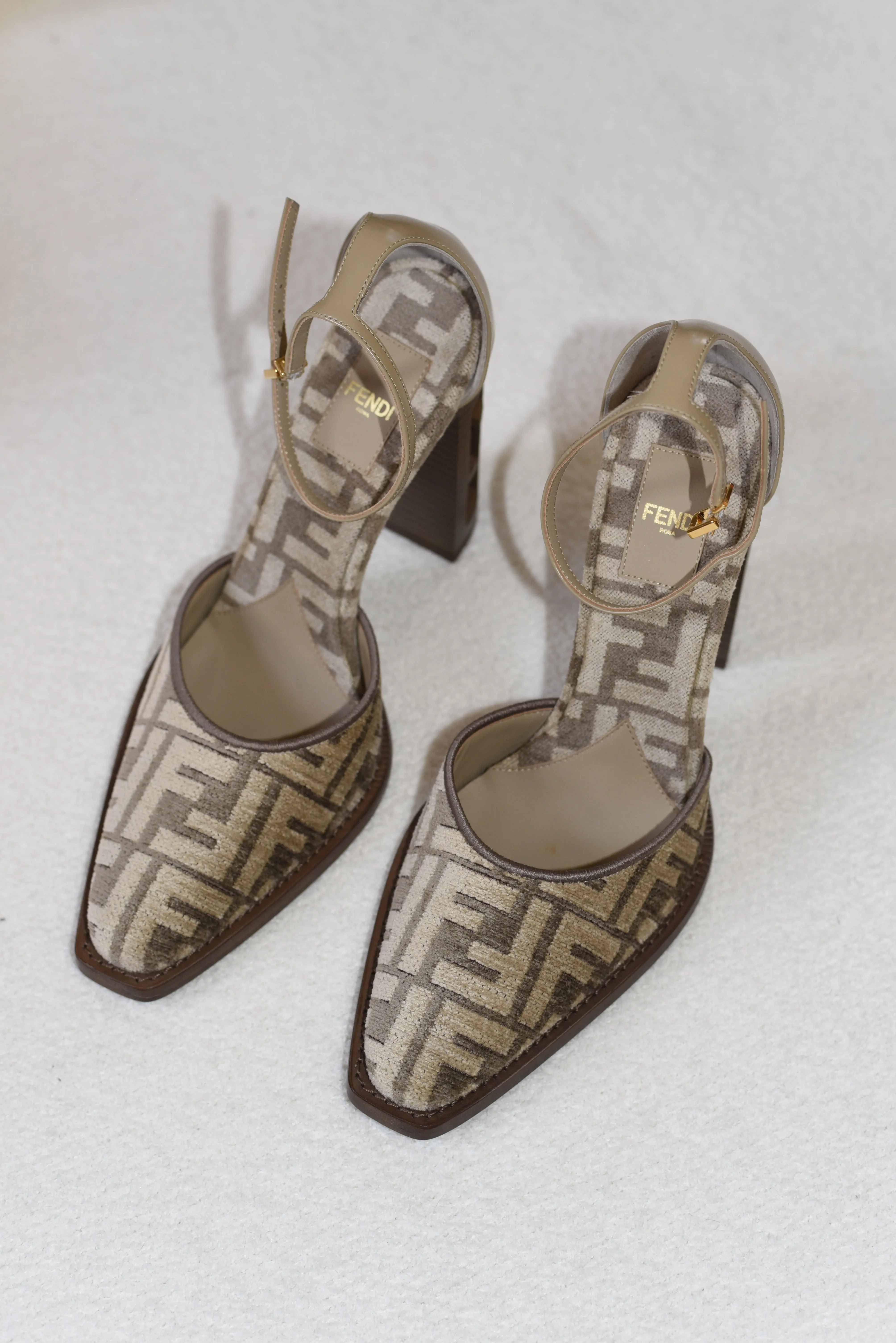 Fendi Chenille Jacquard FF Cut Baguette Ankle Strap Pumps