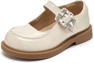Girls Mary Jane Dress Shoes with Rhinestone Buckle  Elegant Faux Patent Leather Flats for Weddings, Birthday Parties & Special Occasions  Non-Slip Sole, Comfortable Fit for Little Girls