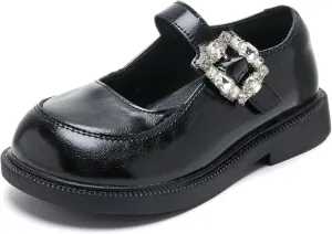Girls Mary Jane Dress Shoes with Rhinestone Buckle  Elegant Faux Patent Leather Flats for Weddings, Birthday Parties & Special Occasions  Non-Slip Sole, Comfortable Fit for Little Girls