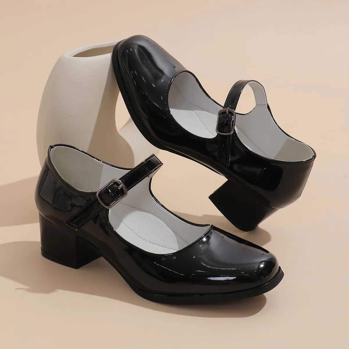 Girls' Mid-Heel Mary Jane School Shoes - Black Uniform Shoes with Comfortable and Stylish Heels