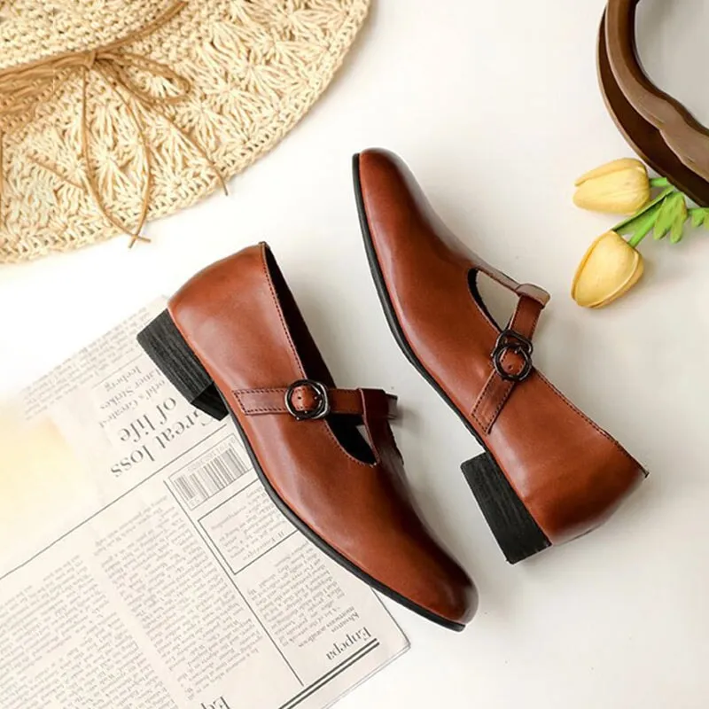 Handmade Leather Mary Jane Shoes T Strap Leather Shoes in Coffee/Black