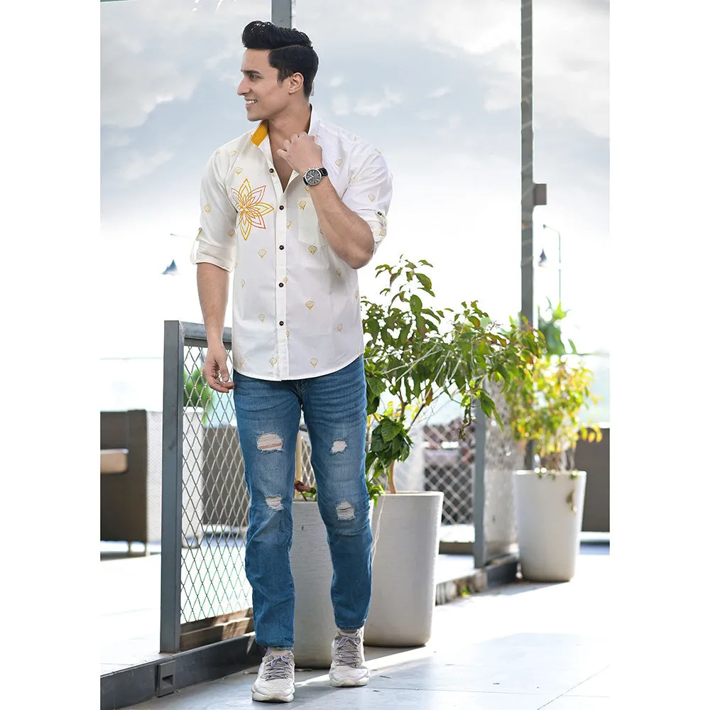 Hatheli White Placement Hand Block Print Shirt