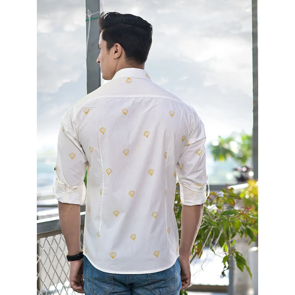 Hatheli White Placement Hand Block Print Shirt