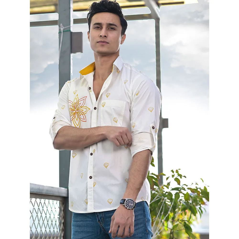 Hatheli White Placement Hand Block Print Shirt