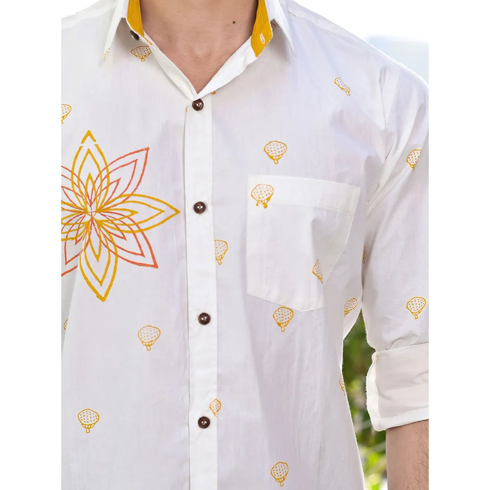 Hatheli White Placement Hand Block Print Shirt