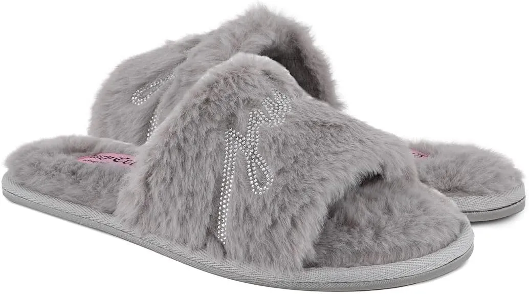 Juicy Couture Women's Plush Faux Fur Slippers  Cozy Open-Toe Slides, Soft Indoor/Outdoor House Shoes