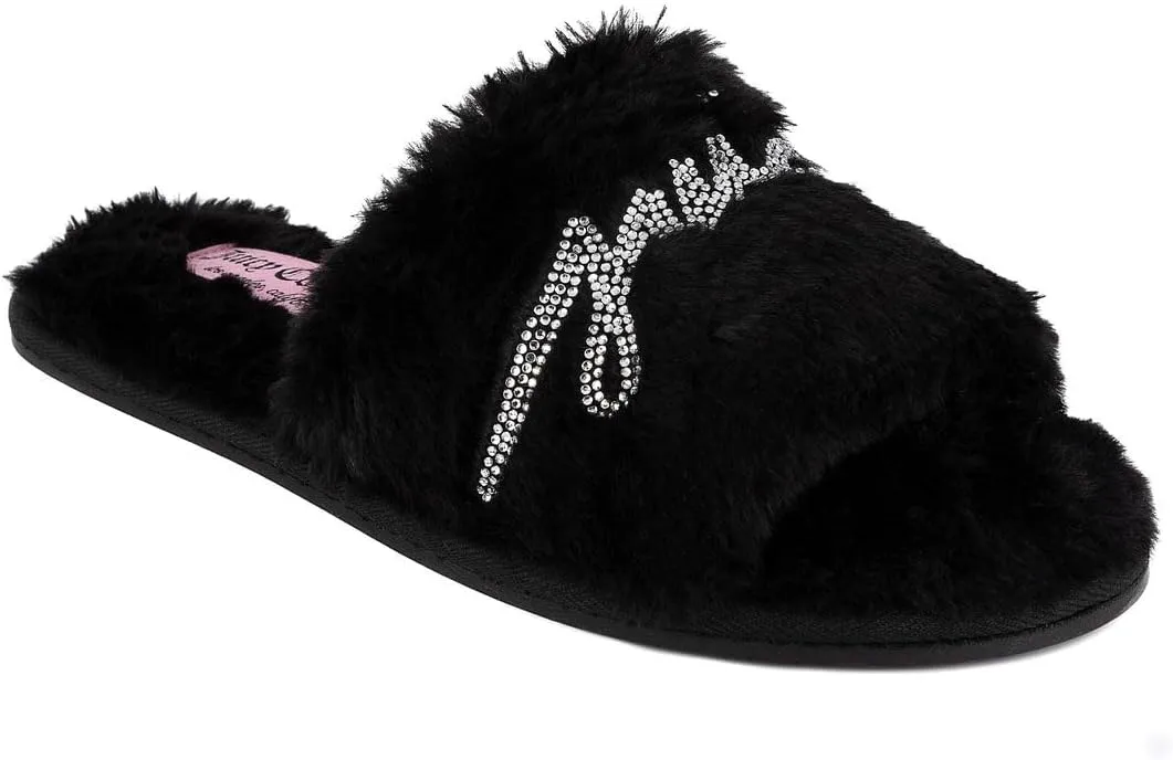 Juicy Couture Women's Plush Faux Fur Slippers  Cozy Open-Toe Slides, Soft Indoor/Outdoor House Shoes