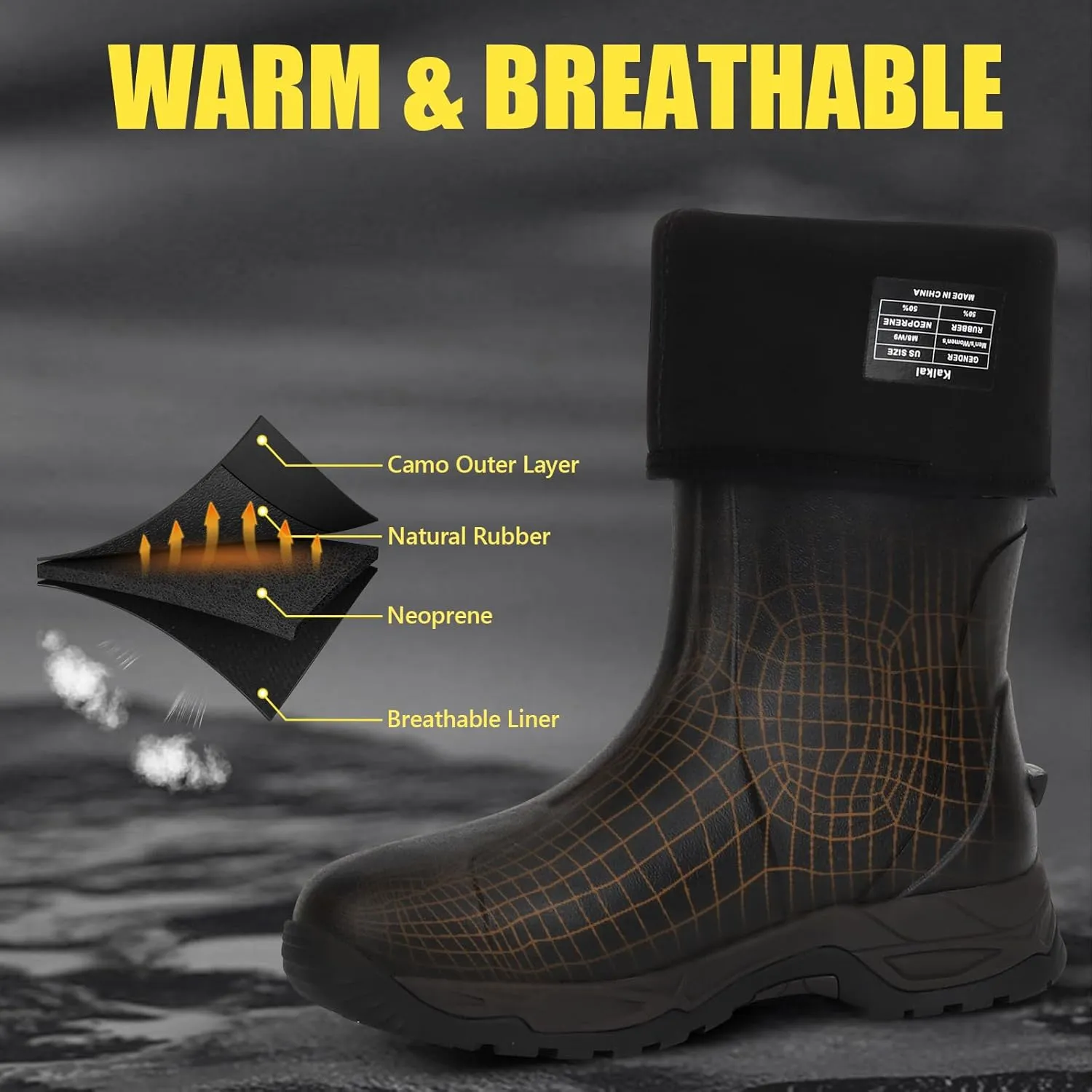 Kalkal Rain Boots Men, Waterproof Rubber Boots for Men, Durable Neoprene Work Boots for Gardening Hunting and Fishing
