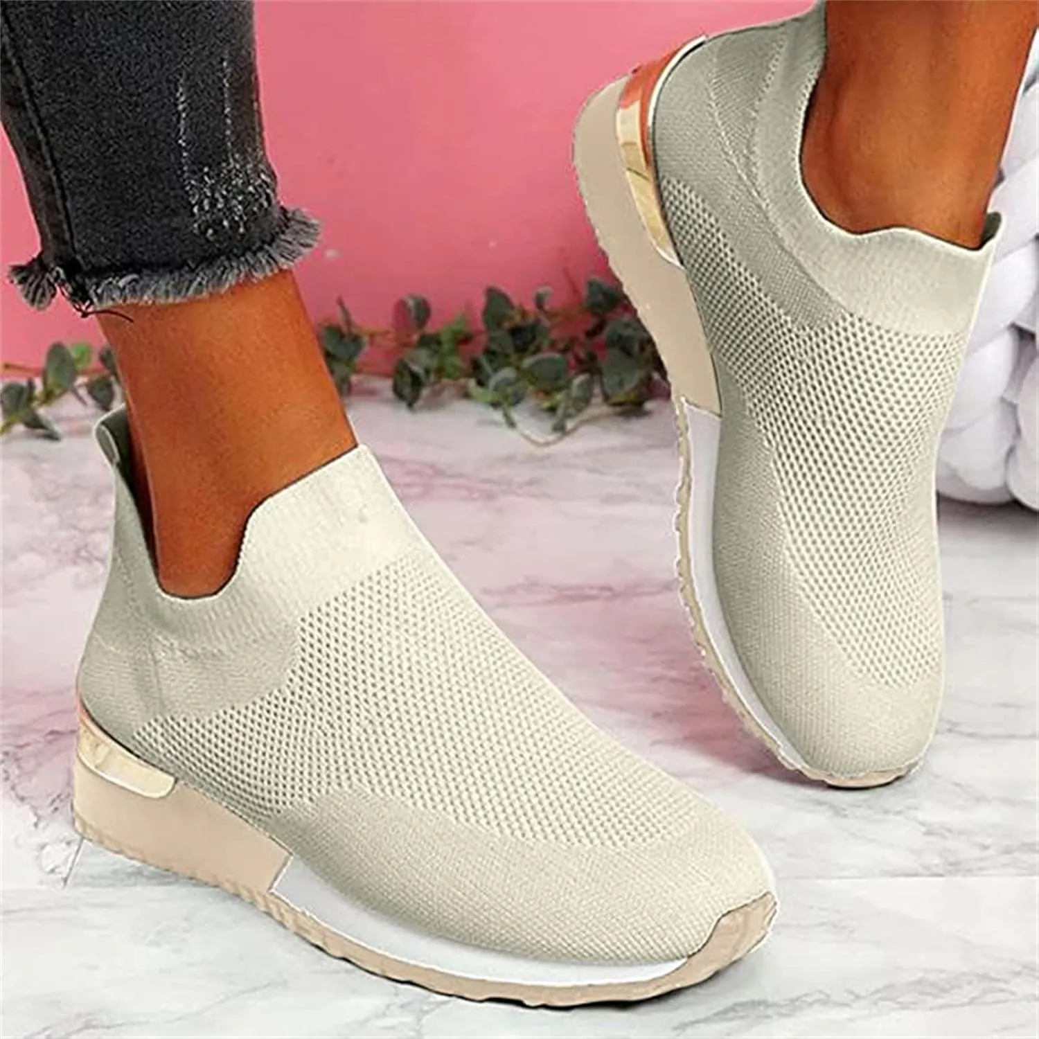 Ladmiple Walking Shoes Women Arch Support Slip On Sneakers Comfort Light Weight Mesh Casual Athletic Tennis Running Sneakers