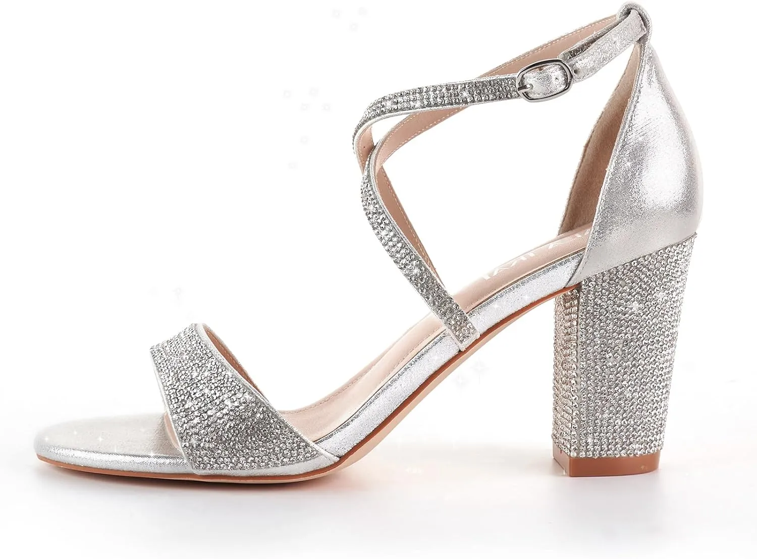 LALA IKAI Womens Ankle Strap Heels Chunky Block Rhinestone Sandals 3 Inch Open Toe Heels Party Wedding Prom Shoes