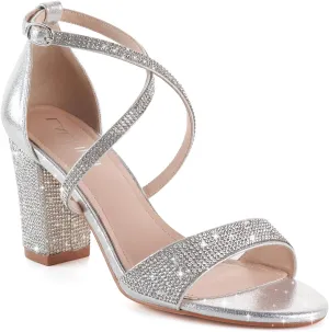 LALA IKAI Womens Ankle Strap Heels Chunky Block Rhinestone Sandals 3 Inch Open Toe Heels Party Wedding Prom Shoes