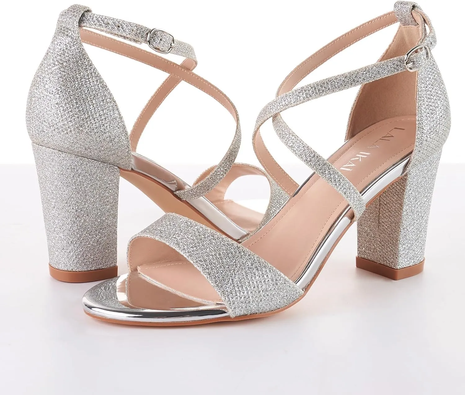 LALA IKAI Womens Ankle Strap Heels Chunky Block Rhinestone Sandals 3 Inch Open Toe Heels Party Wedding Prom Shoes