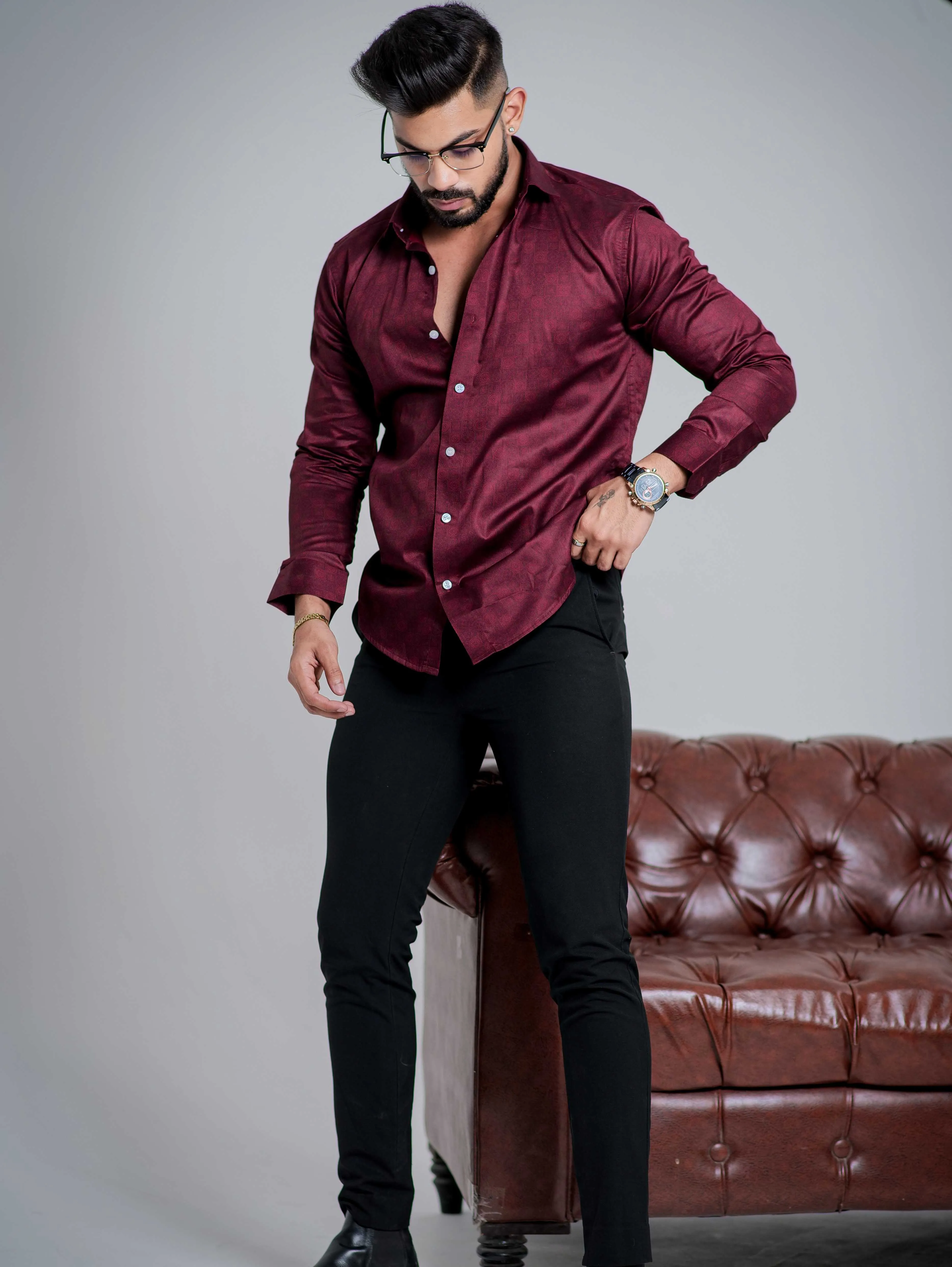 Maroon Satin Print Premium Shirt