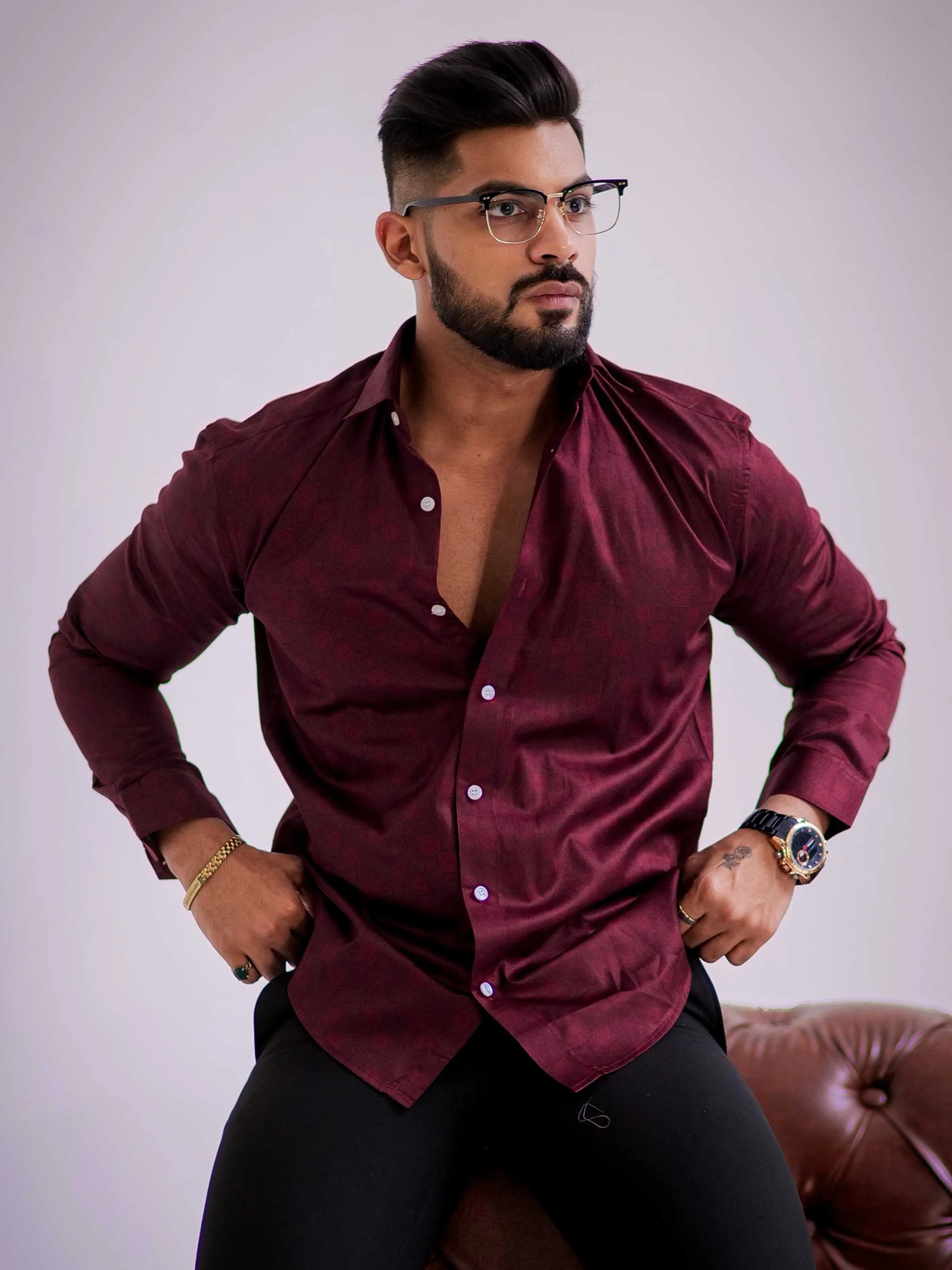Maroon Satin Print Premium Shirt