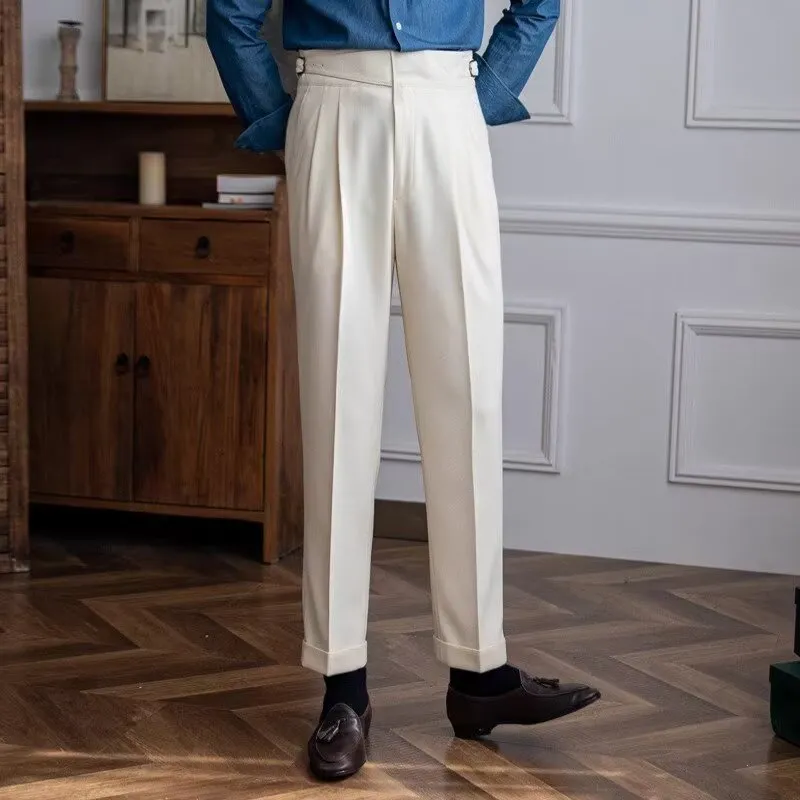 Mens Dress Pants  Wool Blend  High Waist  Pleated Front  Tailored Straight Leg