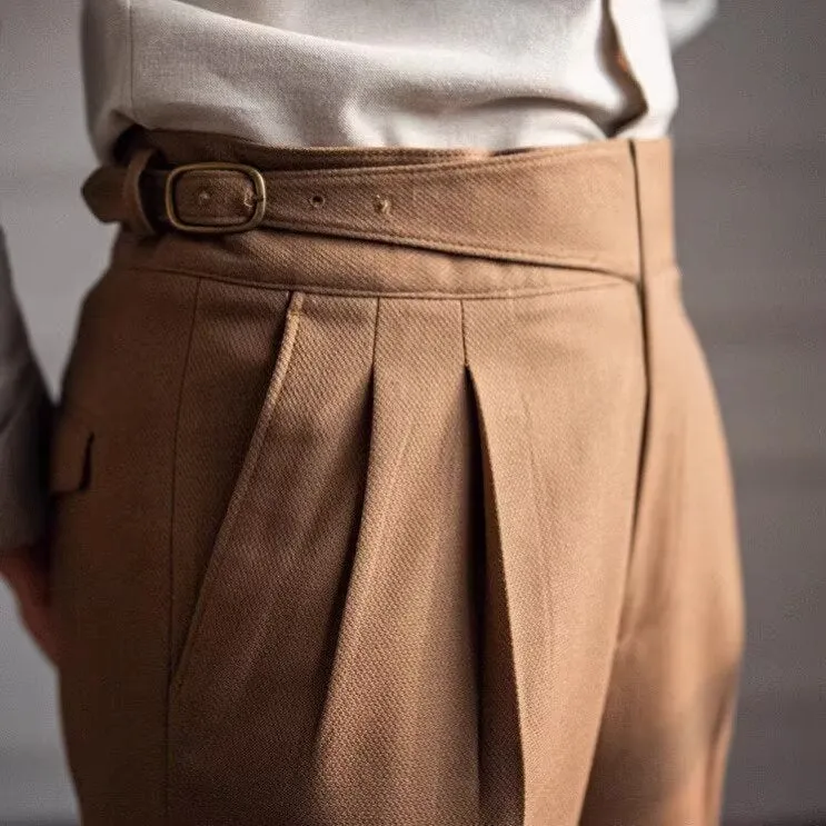 Mens Dress Pants  Wool Blend  High Waist  Pleated Front  Tailored Straight Leg