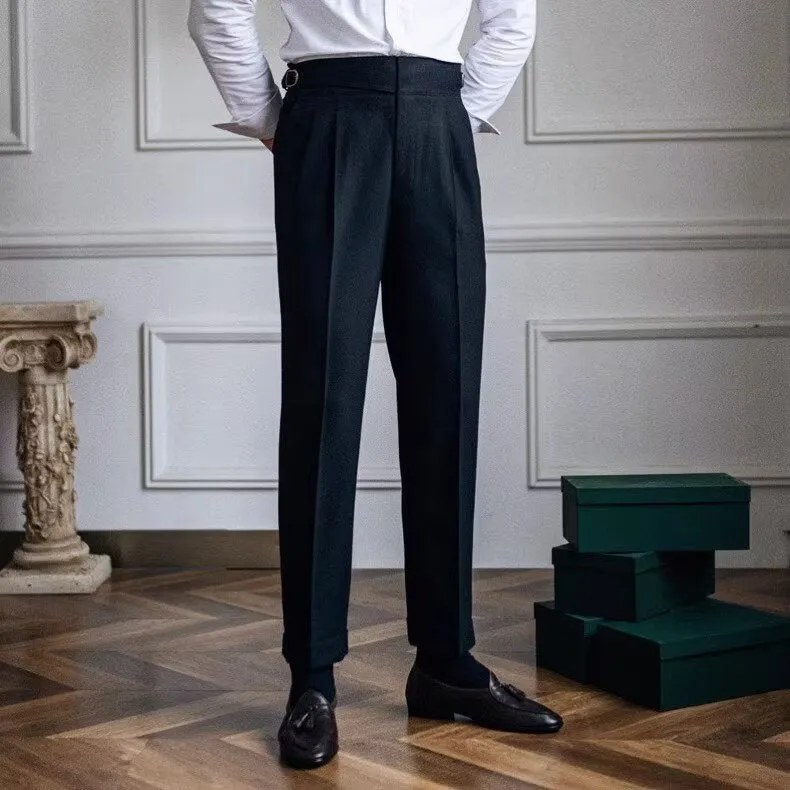 Mens Dress Pants  Wool Blend  High Waist  Pleated Front  Tailored Straight Leg