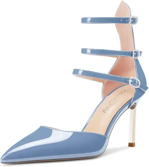 NobleOnly Women High Heel Pointed Toe Two-Piece Ankle Strap Pumps Buckle Prom Casual Sexy Dress Shoes 3.3 Inches Heels