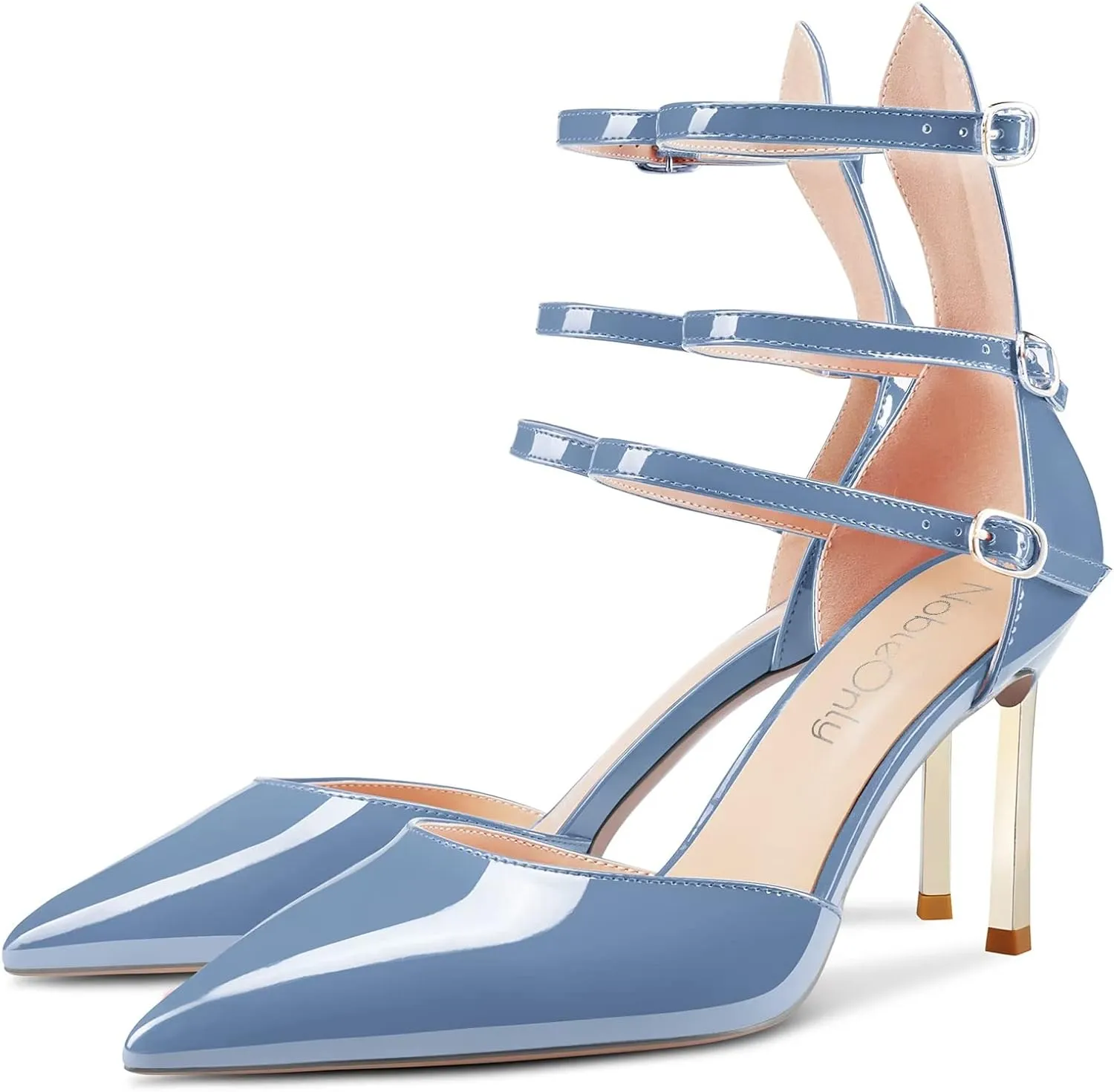NobleOnly Women High Heel Pointed Toe Two-Piece Ankle Strap Pumps Buckle Prom Casual Sexy Dress Shoes 3.3 Inches Heels