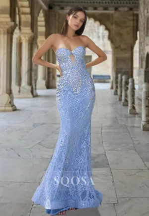 Off-Shoulder Sleeveless Sweetheart Mermaid Prom Dress Allover Lace Applique Floor-Length Party Gowns