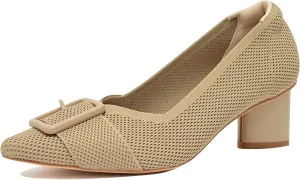 Pointed Toe Chunky Heels for Women Closed Toe Block Heels Pumps Buckle Strap Stretchy Knit Heels Comfortable Slip On Pumps Dress Shoes for Work Wedding Daily Wear