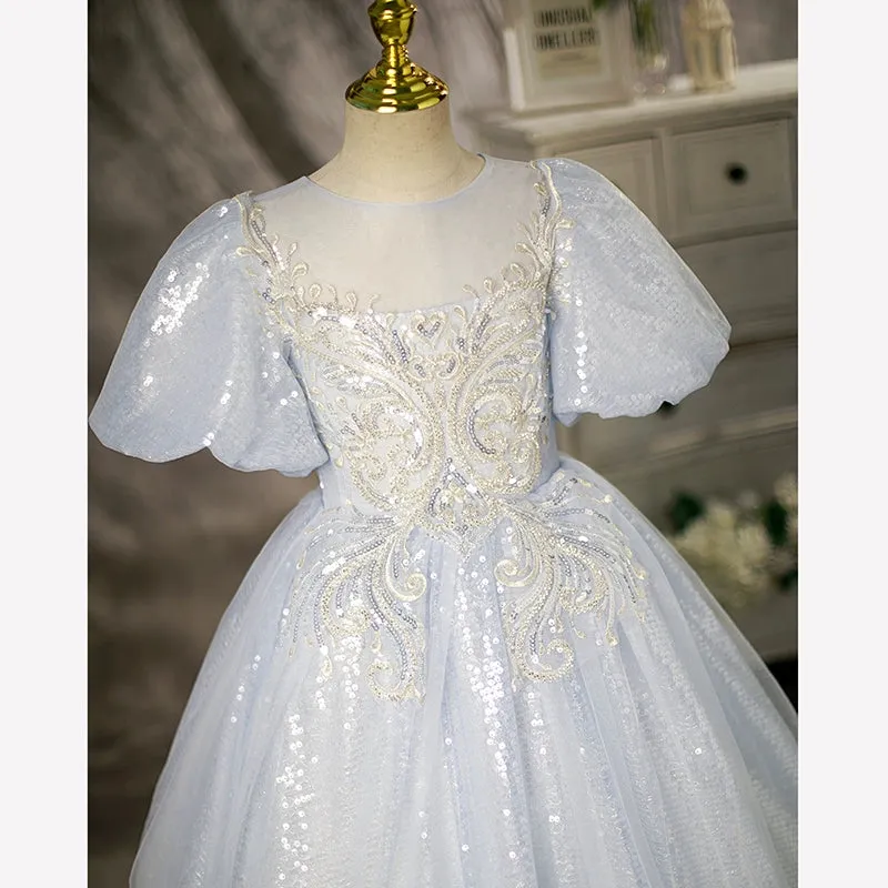 Princess Round Floor Length Sequined Flower Girl Dress in Dusty Blue