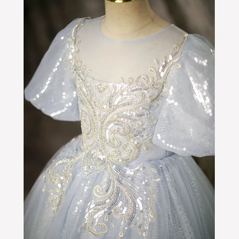 Princess Round Floor Length Sequined Flower Girl Dress in Dusty Blue
