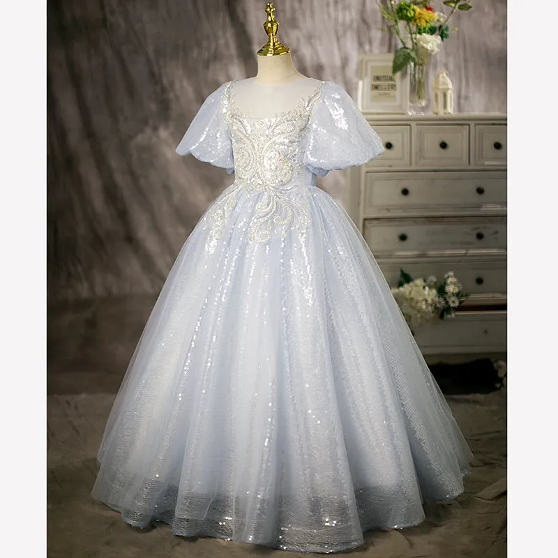 Princess Round Floor Length Sequined Flower Girl Dress in Dusty Blue