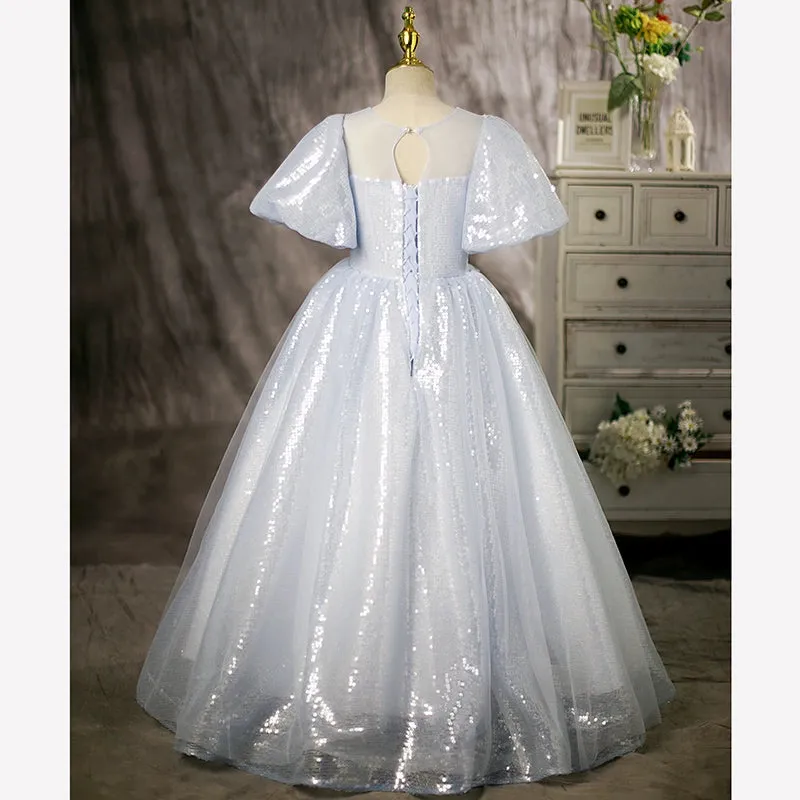 Princess Round Floor Length Sequined Flower Girl Dress in Dusty Blue