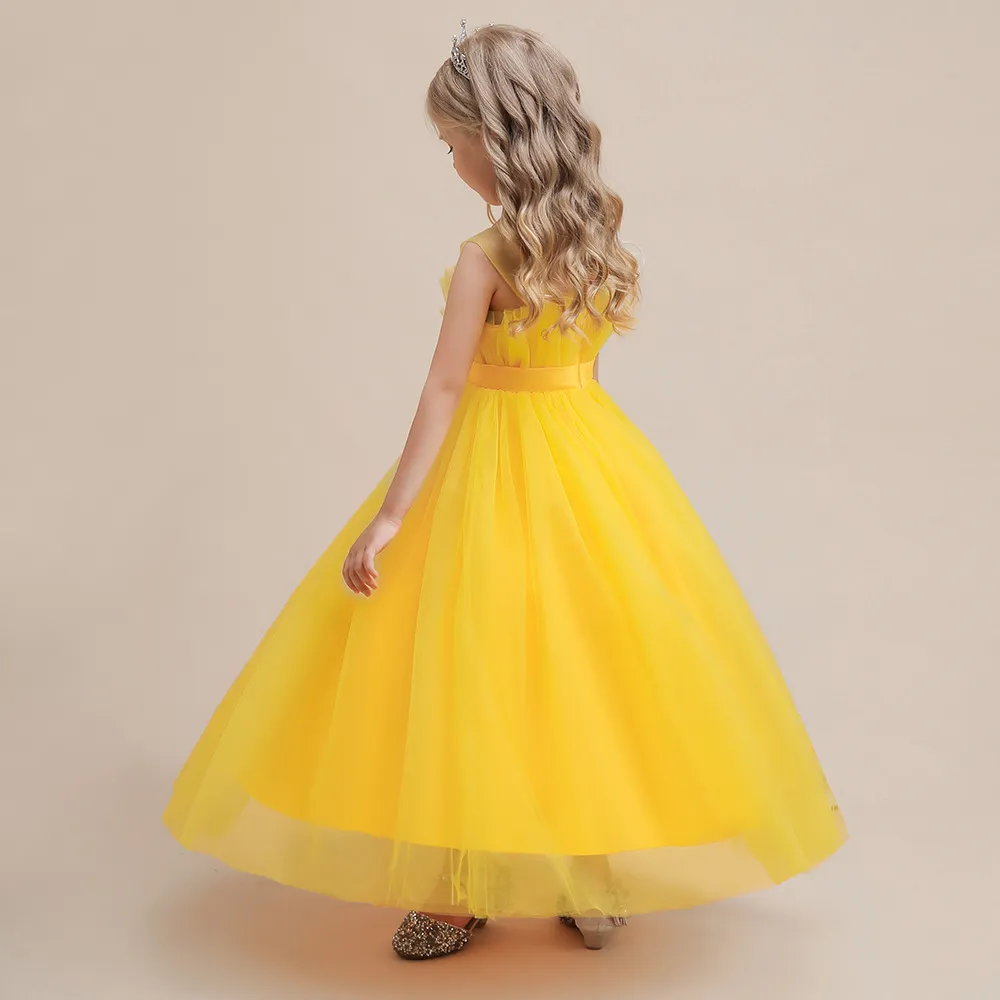 Princess Round Floor Length Tulle Flower Girl Dress in Yellow