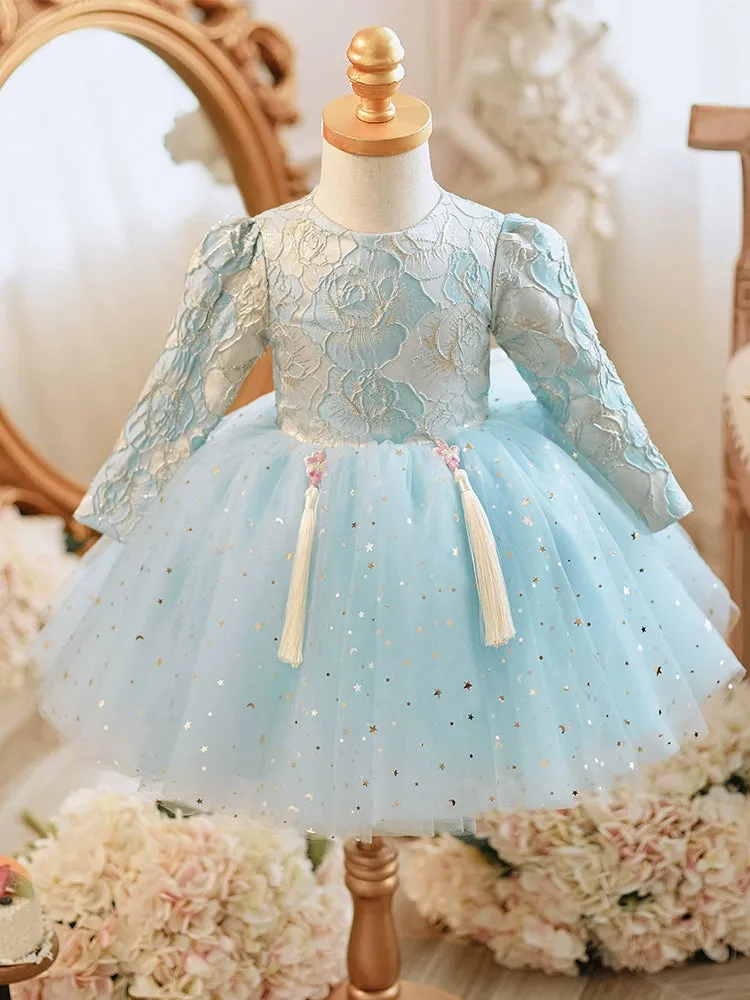 Princess Round Tea Length Lace Flower Girl Dress in Blue