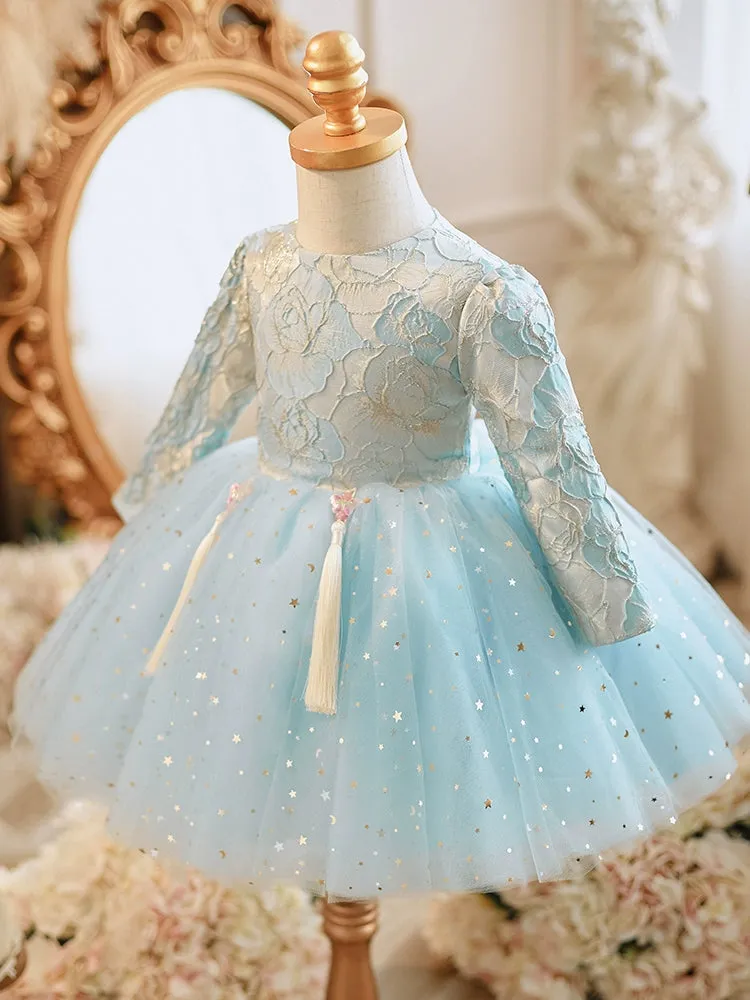Princess Round Tea Length Lace Flower Girl Dress in Blue