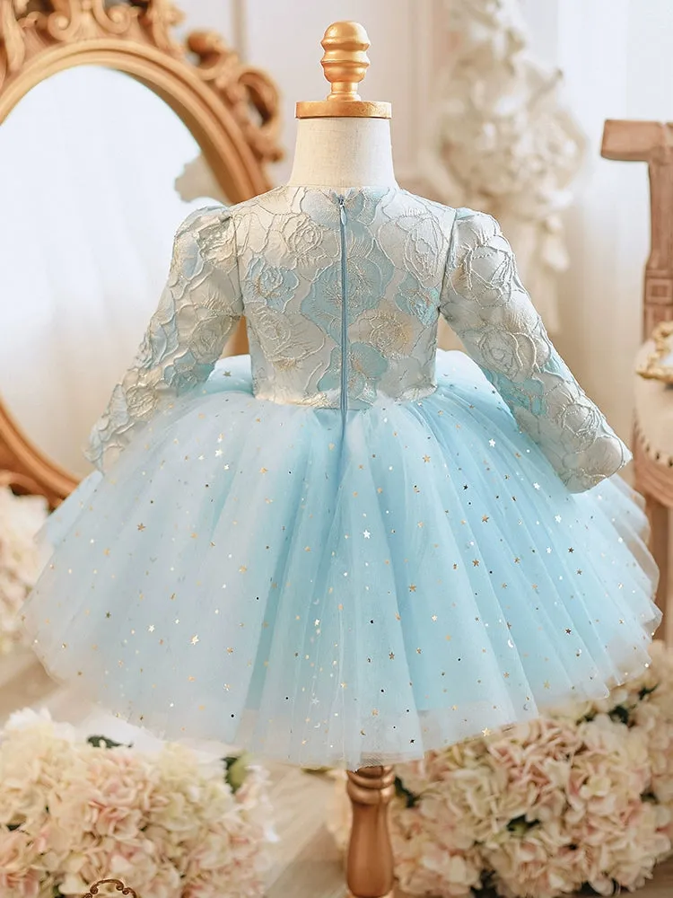 Princess Round Tea Length Lace Flower Girl Dress in Blue