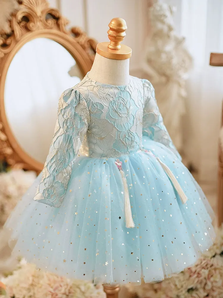 Princess Round Tea Length Lace Flower Girl Dress in Blue