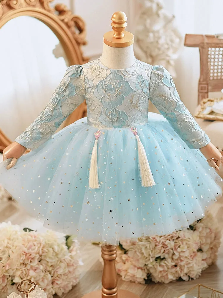 Princess Round Tea Length Lace Flower Girl Dress in Blue