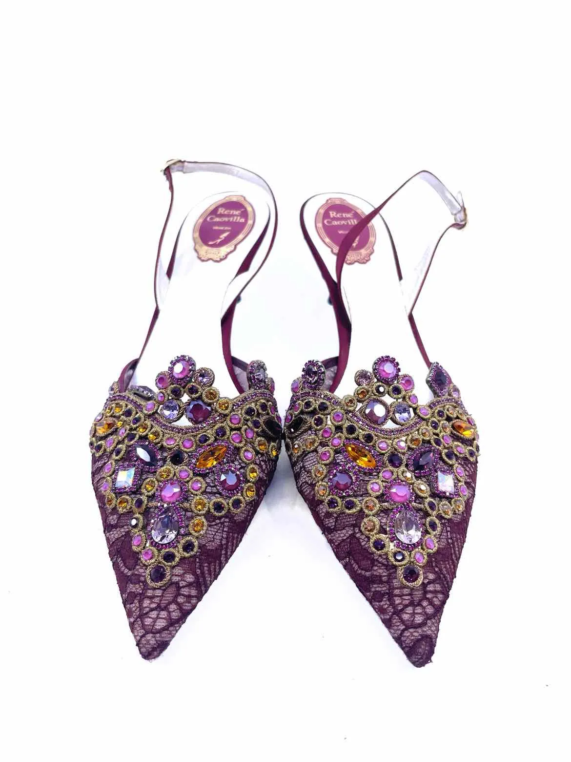 RENE CAOVILLA Size 11 Maroon Lace Crystals Slingback