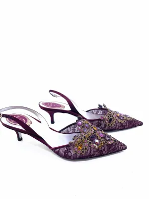 RENE CAOVILLA Size 11 Maroon Lace Crystals Slingback