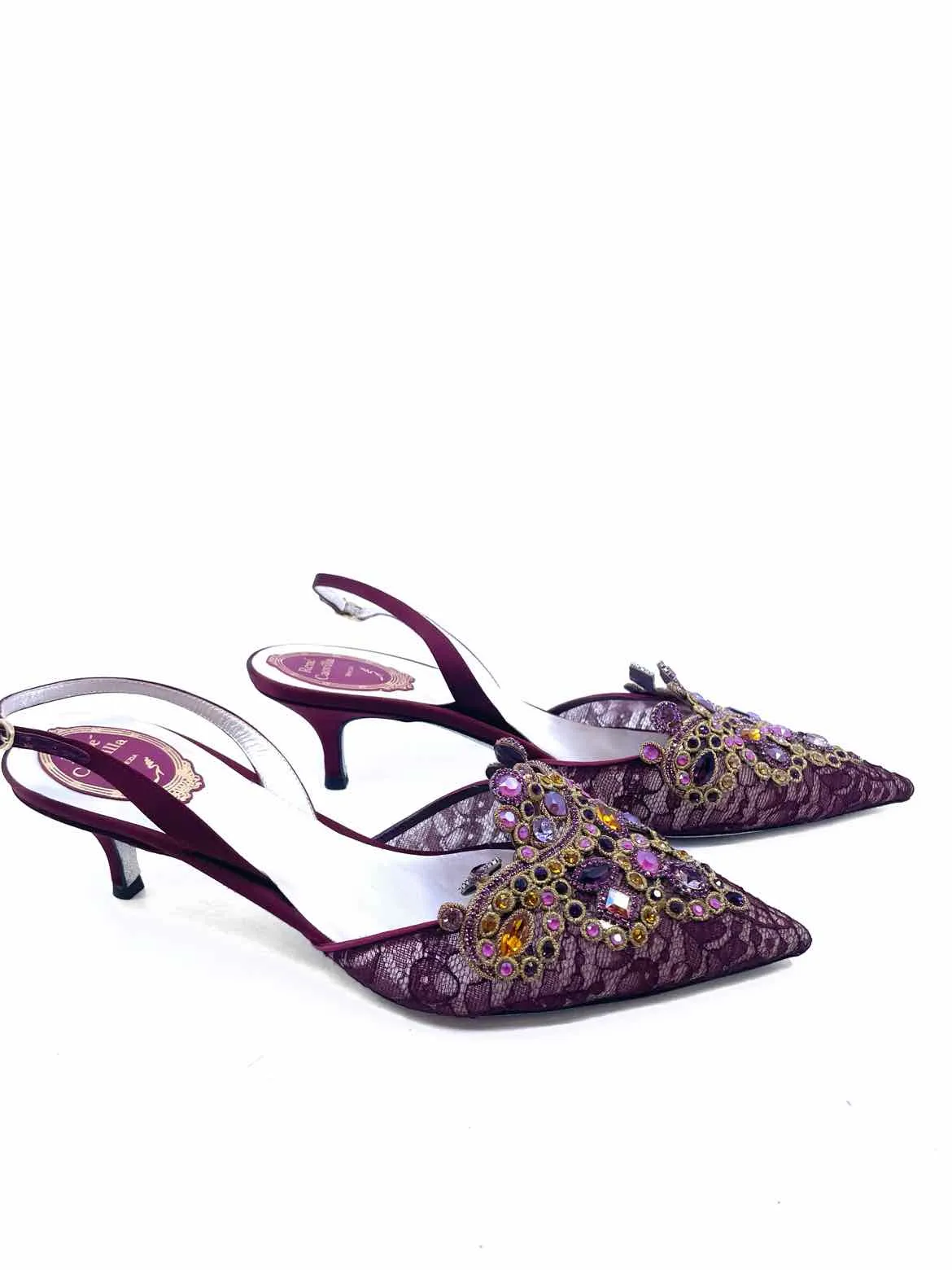 RENE CAOVILLA Size 11 Maroon Lace Crystals Slingback