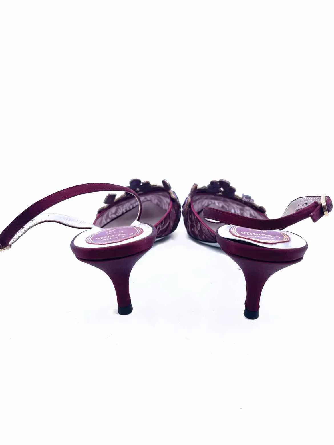 RENE CAOVILLA Size 11 Maroon Lace Crystals Slingback