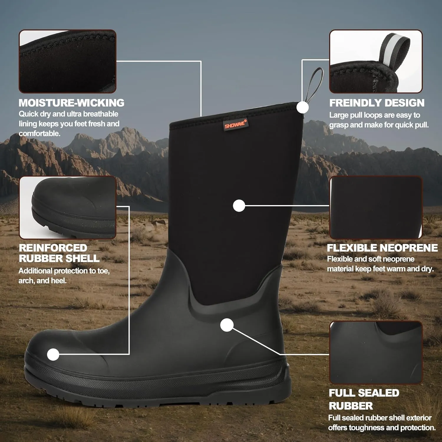 Showave Men's Ultra-Tough Rubber Work Boots Waterproof Rain Footwear Insulated Durable Garden Boots for Hunting Mud Outdoor