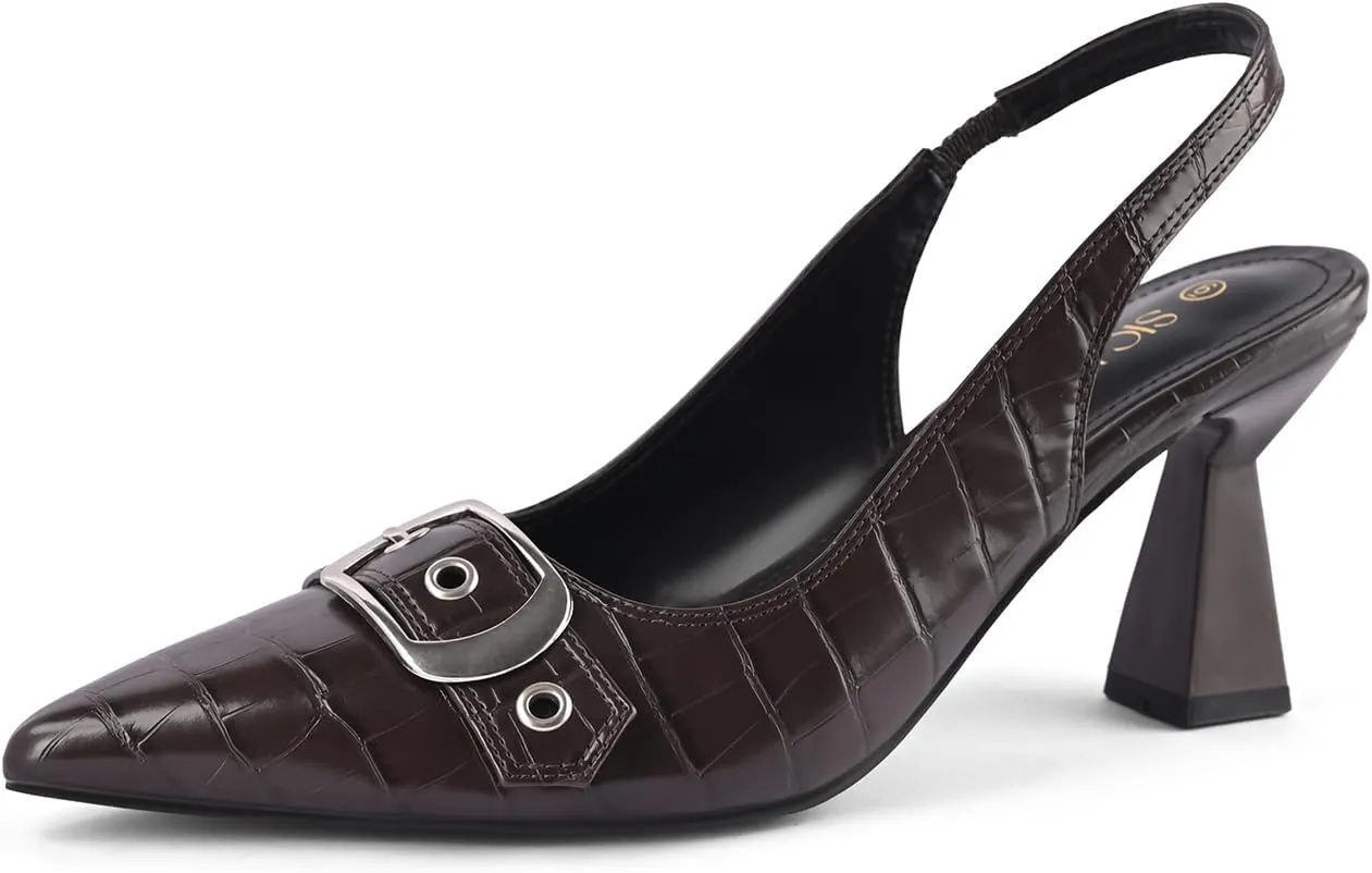 Slingback Kitten Heels for Women Closed Pointed Toe Pumps Dress Shoes with Buckle Strap Comfortable Slip On Sandal Heels for Work Party Wedding