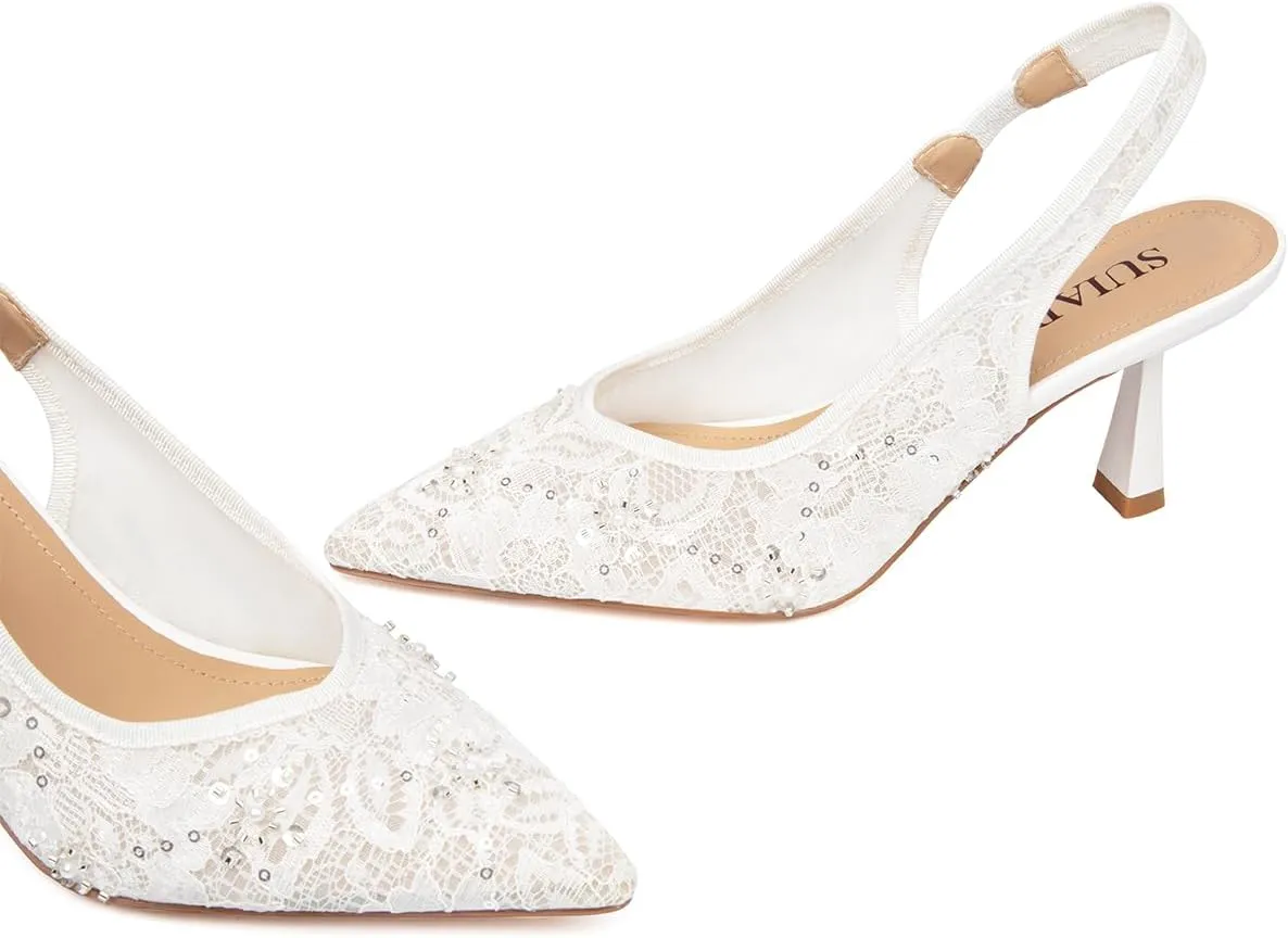 Slingback Wedding Heels for Women Bridal Lace Mesh Kitten Heel Closed Pointed Toe Pearl Pumps Shoes