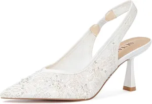 Slingback Wedding Heels for Women Bridal Lace Mesh Kitten Heel Closed Pointed Toe Pearl Pumps Shoes