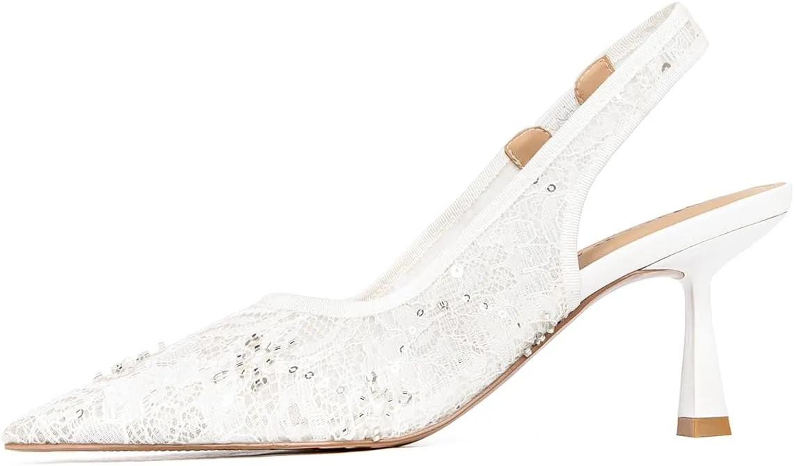 Slingback Wedding Heels for Women Bridal Lace Mesh Kitten Heel Closed Pointed Toe Pearl Pumps Shoes