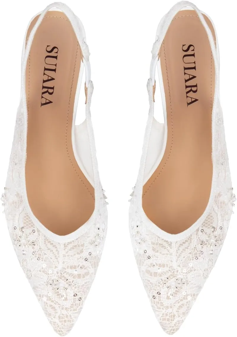 Slingback Wedding Heels for Women Bridal Lace Mesh Kitten Heel Closed Pointed Toe Pearl Pumps Shoes